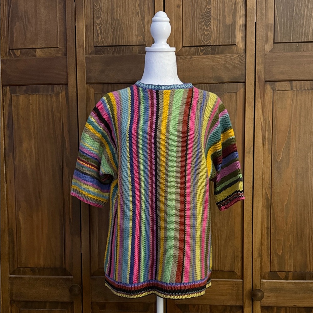 Hand knit Vintage Crochet Cotton Colorful Striped Rainbow 70’s Sweater
